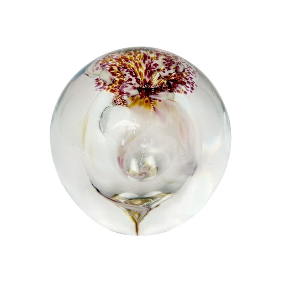 Jerpoint Glass Studio Ireland Hand Blown Orchid Floral Paperweight 3 Inch Orb